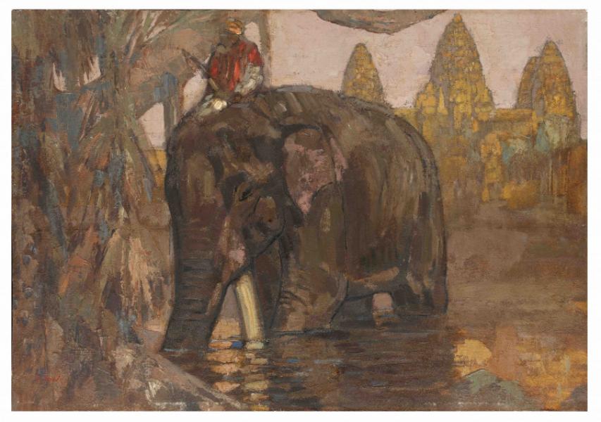 Éléphant au bain devant le temple d’Angkor, c.1922