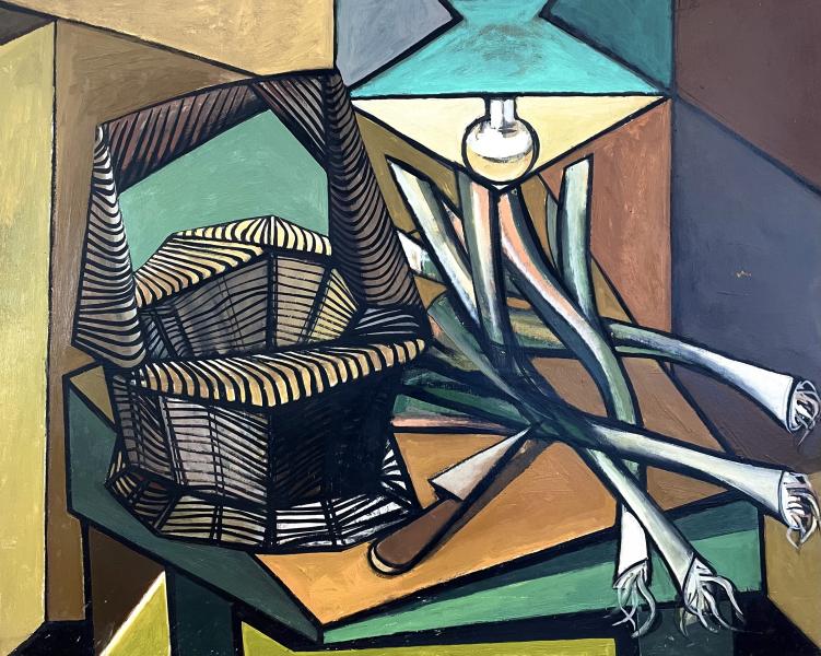Panier tressé, lampe, poireaux, juillet 1977